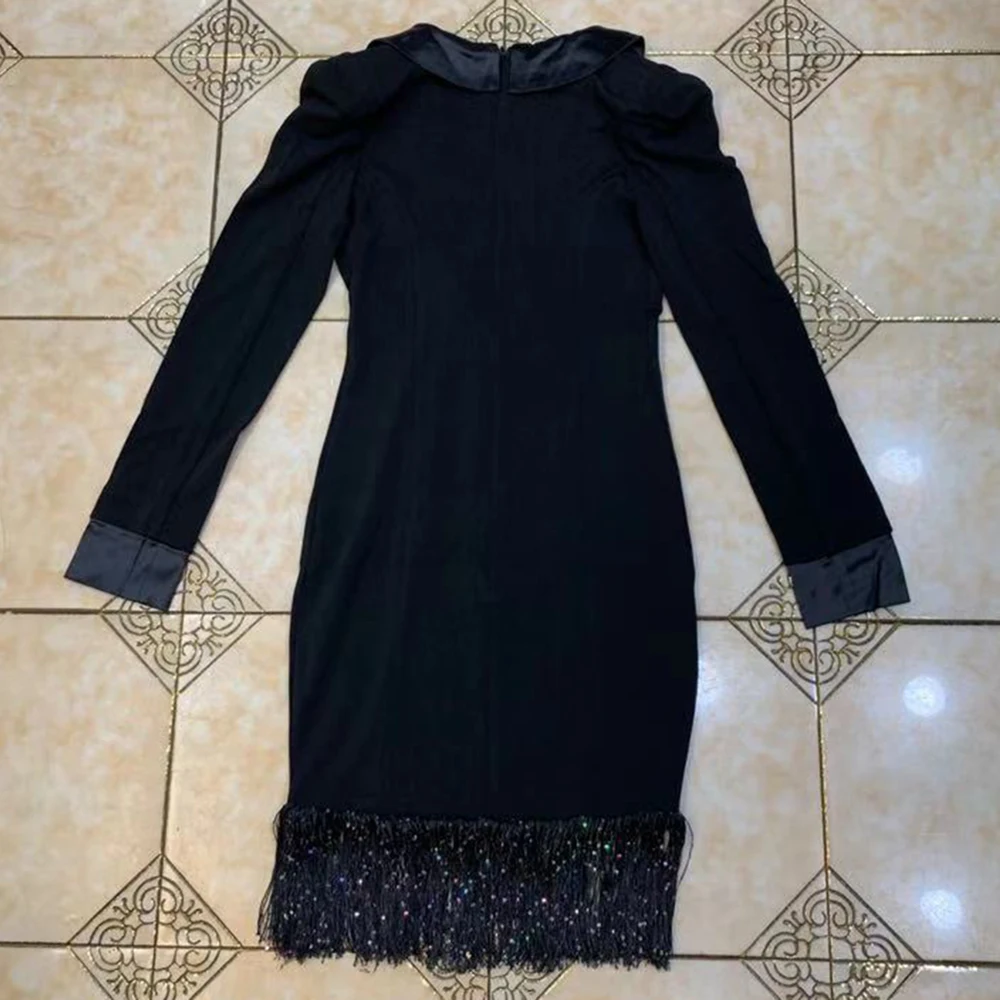 

Ocstrade Elegant Tassel Bodycon Dress 2020 New Autumn Women Sexy V Neck Long Sleeve Black Bodycon Dress Club Night Party Dres