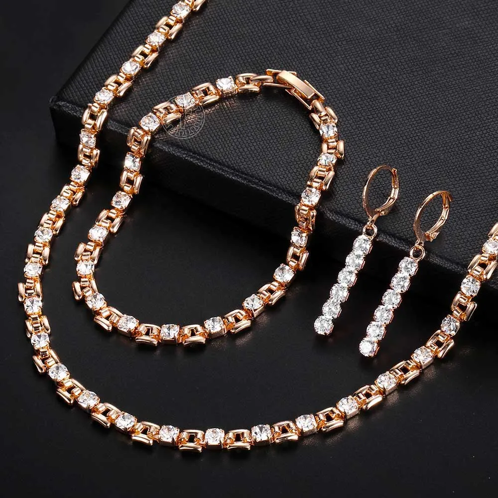 Женский ювелирный комплект черный красный прозрачный CZ розовое золото