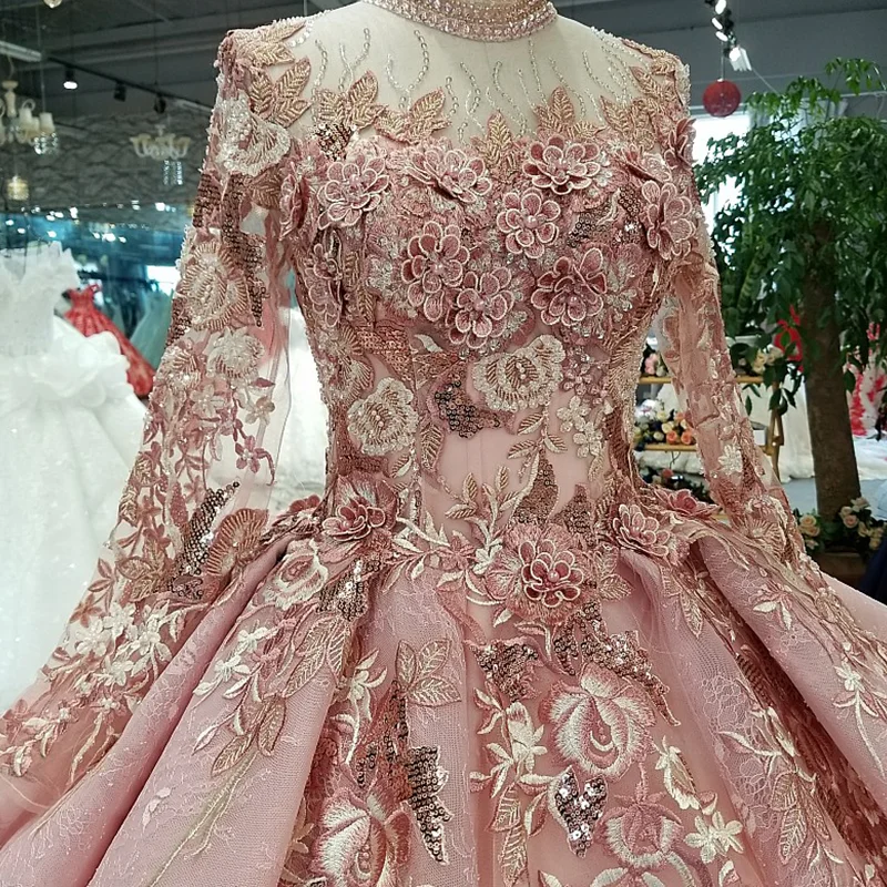 LS320400 Pink Special Puffy Party Dresses 2020 High Neck Long Tulle Sleeve Lace Up Back Can Make For Muslim