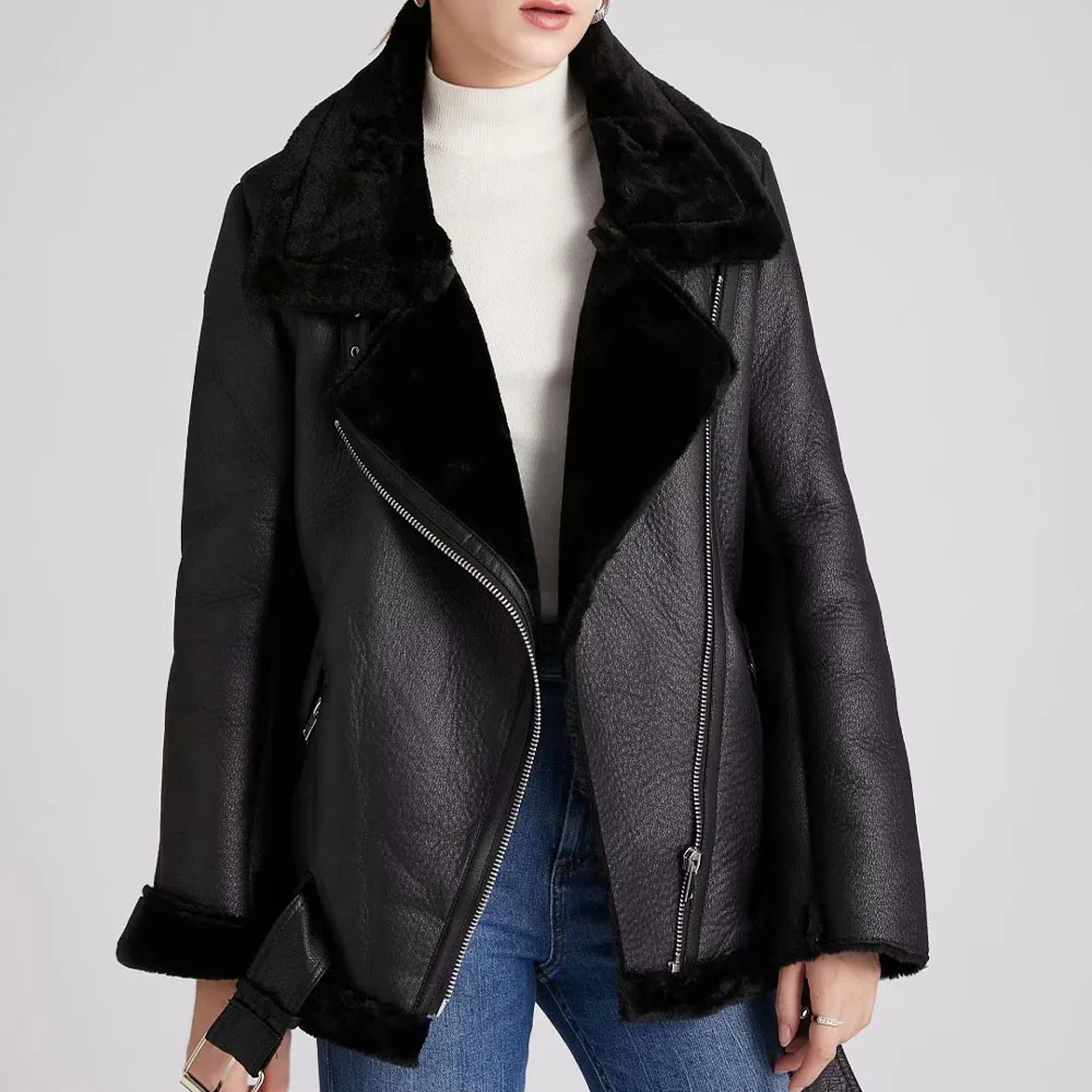 

DiYiG WOMAN 2021 autumn and winter New Classic women's motorcycle style thickened jacket with fur and fur