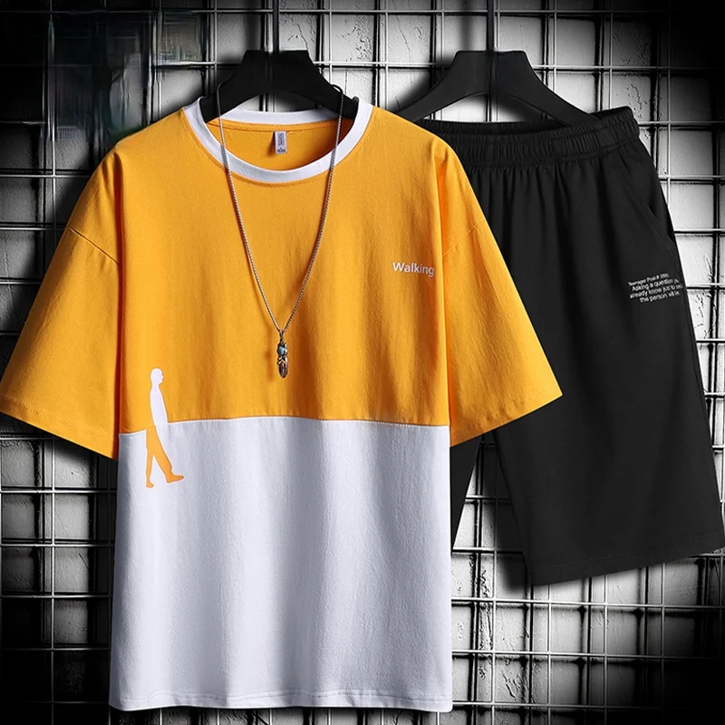 

Casual Men Shorts Set Summer Patchwork Fashion Character Print T-Shirt +Shorts Set Men Harajuku Hip Hop Loose Tracksuit Men