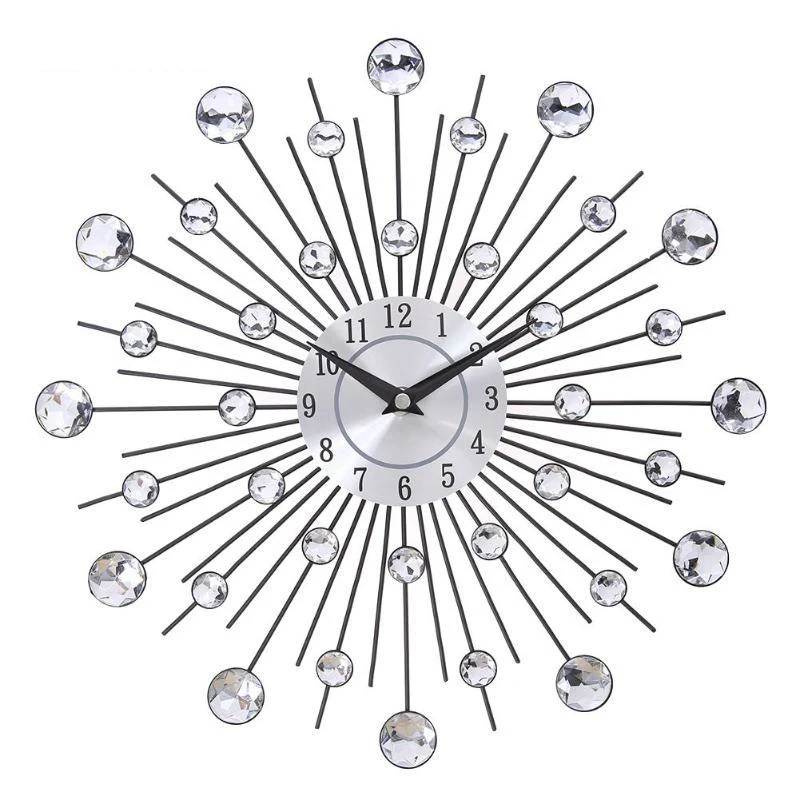 

13-inch Silver Crystal Sunburst Metal Wall Clock Original Vintage Metal Home Decor Clock Crystal Iron Diamond-Studded Wall Clock