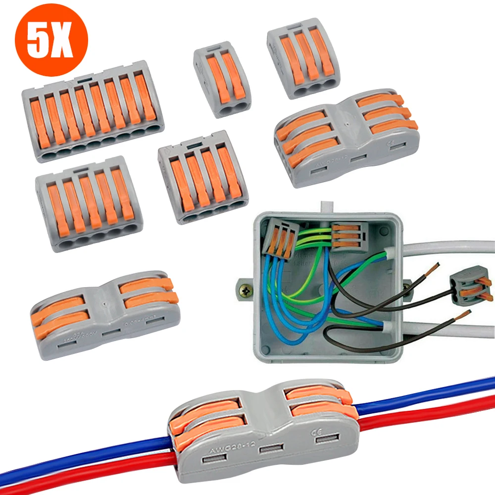 

5PCS Reusable Spring Lever Terminal Blocks 222-412 222-413 222-415 Compact Wire Cable Connectors Conductor Threader Splitter