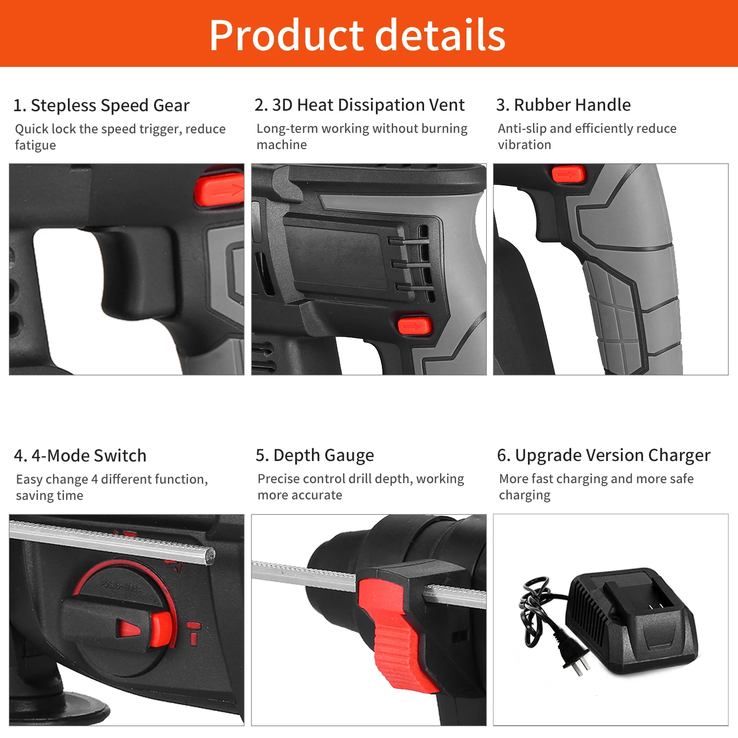 

21V Brushless Heavy Duty 4Function Rotary Hammer Drill 1Inch SDS-plus Grip Handle 980RPM Cordless Drill Demolition Kit