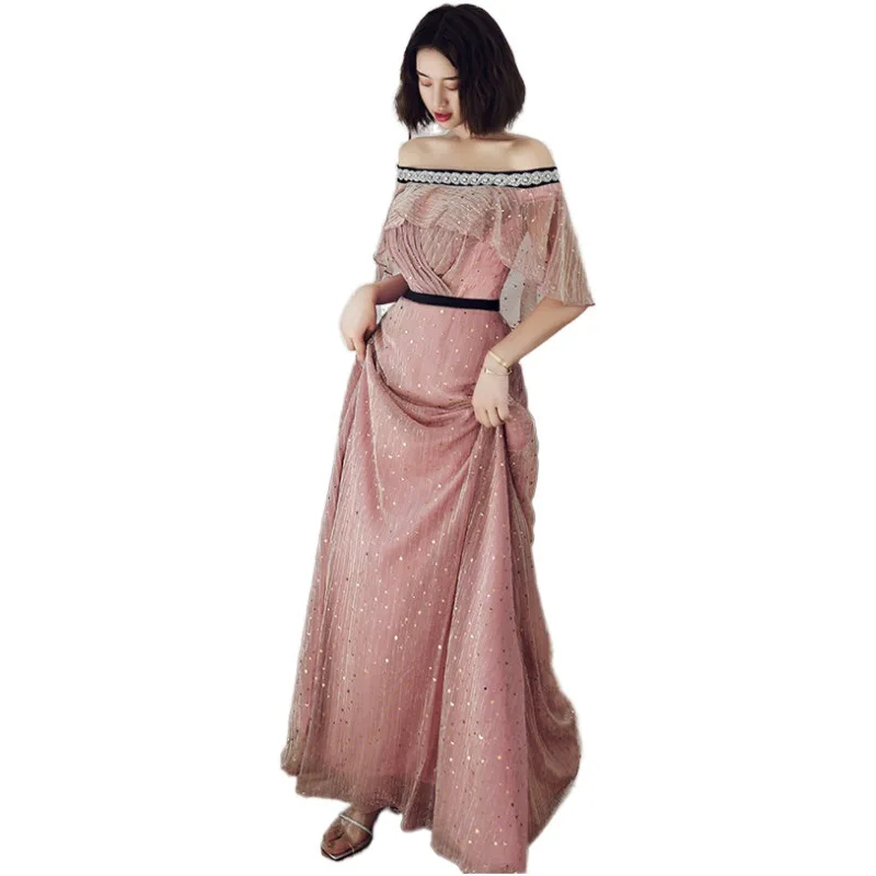 

2020 New Evening Dress Elegant Pink and Long Fairy Yarn Banquet Dress Women Can Wear at Ordinary Times