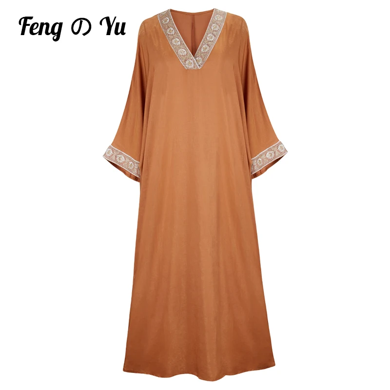 

Autumn Fashion African Style Abaya Long Dashiki V-neck Everyday Clothes Brown Dress with Turban Loose Muslim Robe African Lady
