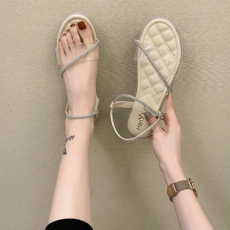 

Rhinestone Sandals Female Shoe 2021 Summer Open Toe Girls Plastic Comfort Fashion Beige New Low Flat Peep Casual Rubber Fabric B