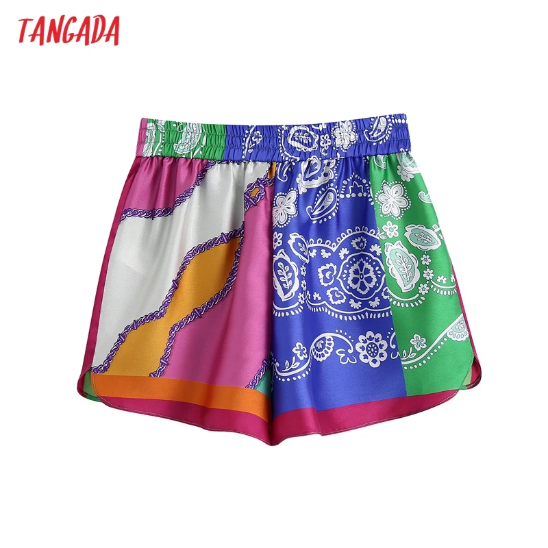 

Tangada Women 2021 Chic Fashion Patchwork Printed Shorts Vintage Elastic Waist With Drawstring Female Shorts BE806