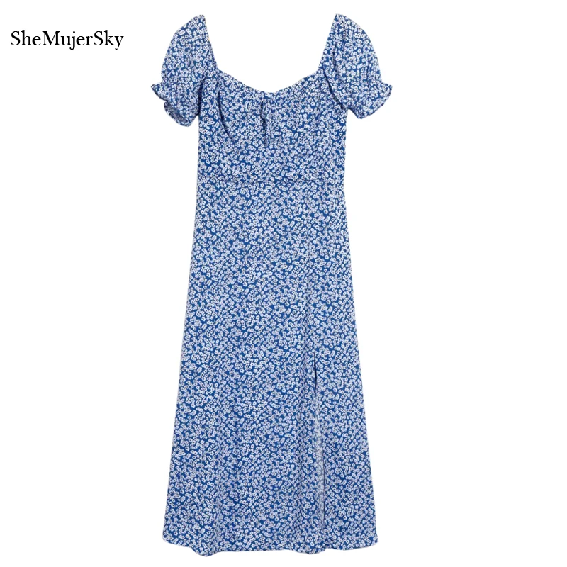 

SheMujerSky Women Vintage Little Floral Print Dress Square Collar Short Sleeve Midi Dresses 2020 Summer Female Dress
