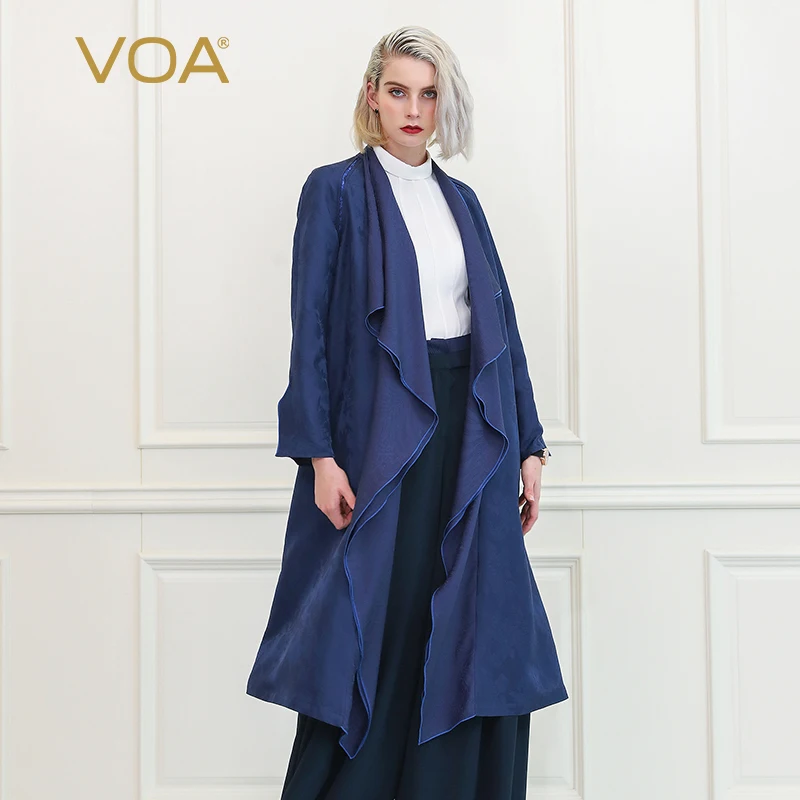 Женский Шелковый тренчкот VOA темно синий Повседневный Кардиган с длинным рукавом