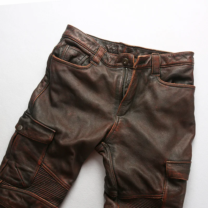 

Mens Pants Genuine Leather Motorcycle Biker Leather Pants Design Real Cowhide Slim Pencil Pants Plus Size Mens Cargo Trousers
