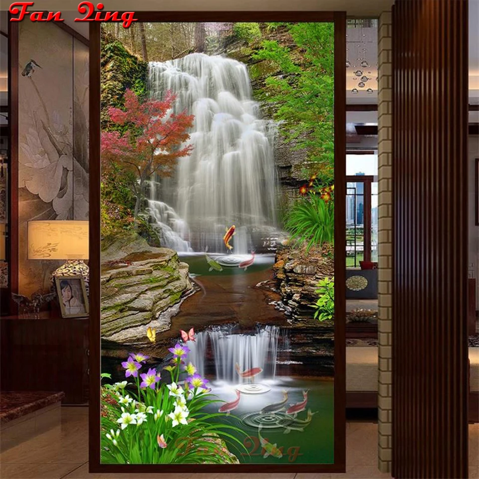 5d Diamond Painting Full Square/Round Waterfall goldfish orchid Picture Of Rhinestone DIY Diamond Embroidery Home Decor