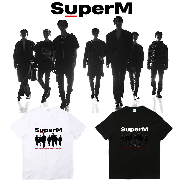 Популярная футболка с альбомом Kpop SuperM Повседневная унисекс круглым вырезом топы