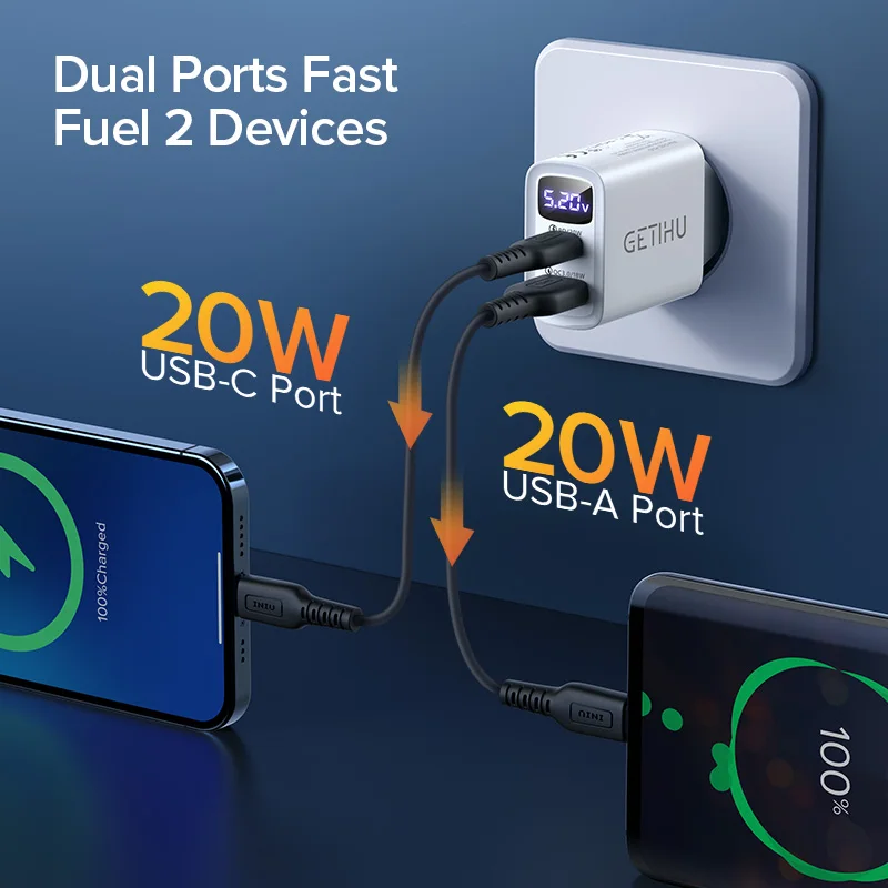 Зарядное устройство GETIHU PD QC 20 Вт USB для быстрой зарядки со светодиодной