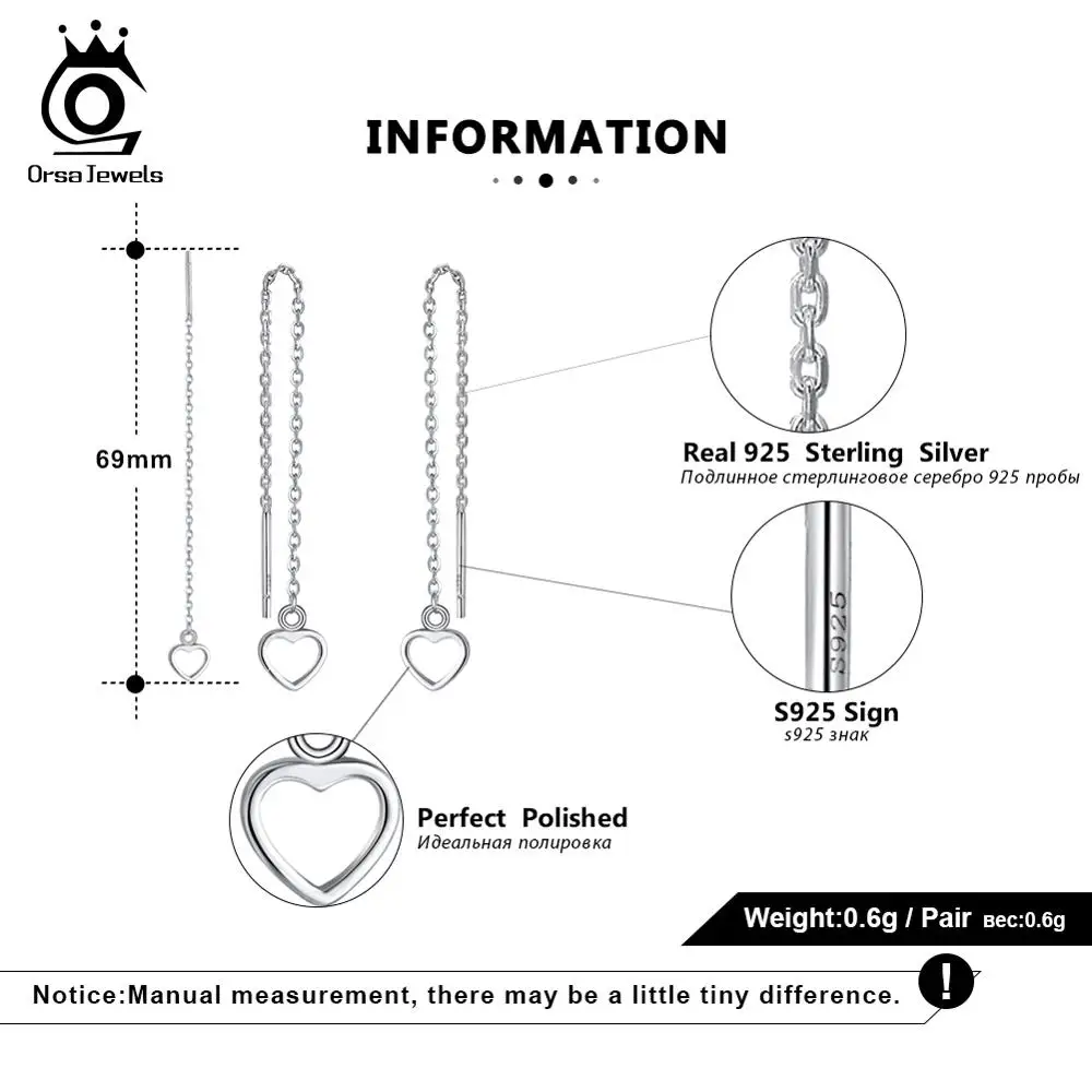 ORSA JEWELS, натуральная 925 пробы, серебряные женские серьги, цепочка, романтическая форма сердца, корейские вечерние ювелирные изделия для девушек SE130