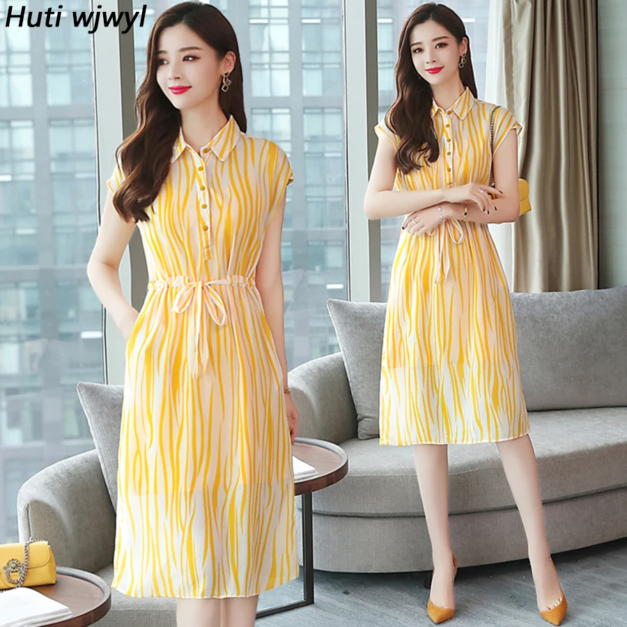 

2022 Korean Boho Beach Midi Shirt Dress Summer Vintage Striped Chiffon Maxi Sundress Elegant Women Yellow Short Sleeve Vestidos