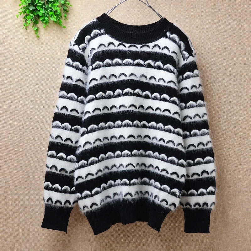 Black and white striped lace pattern sweater ladies bottom pullover velvet products Angora rabbit fur round neck | Женская одежда