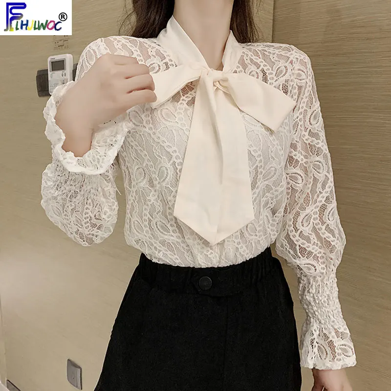 

2020 Spring New Design Tops Fashion Women Long Sleeve Cute Sweet Hollow Out Crochet Lace Bow Tie Top Basic Shirt Blouse 12180