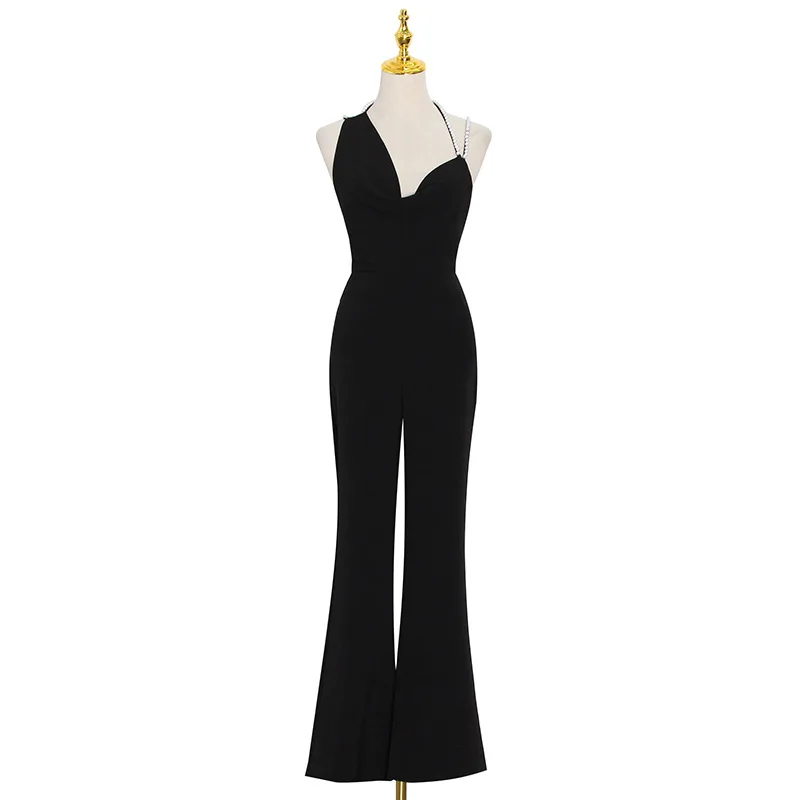 

Tide brand new fashion temperament deep v-neck neck sexy backless slim solid color jumpsuit