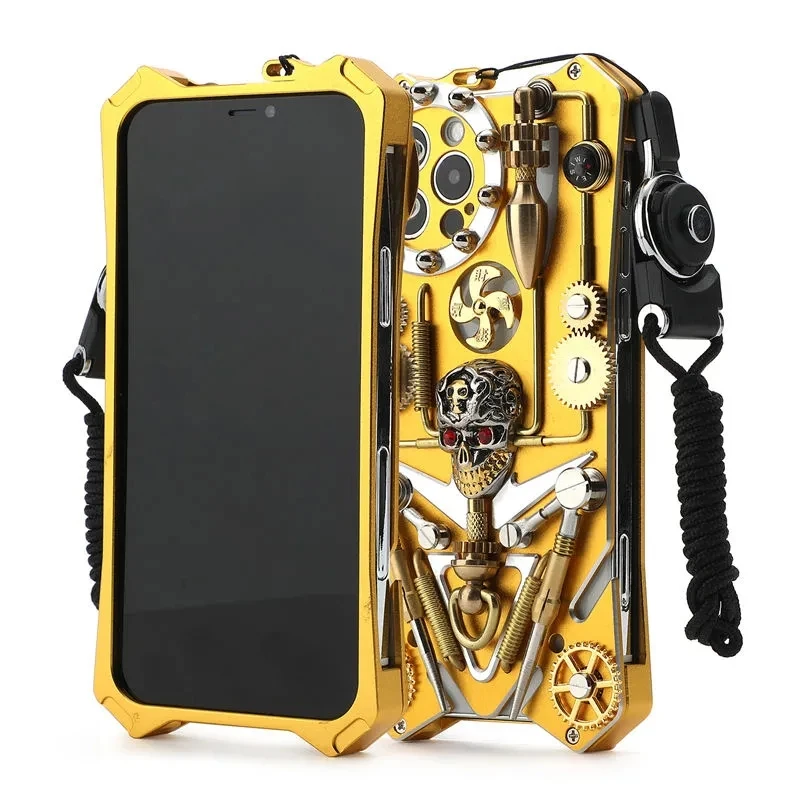 

For Iphone Series Luxury Armor Metal Aluminum Pure Copper Cover Mechanical Gear Purely Handmade Skull Phone Shell