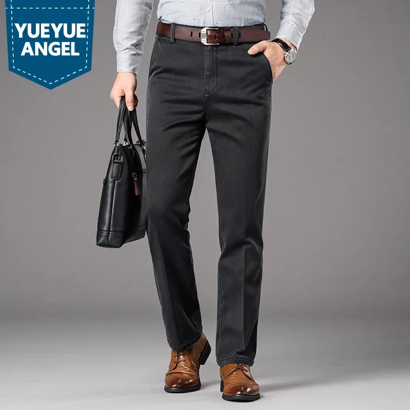 

Business Casual High Waist Jeans Men Plus Size Autumn Winter Loose Fit Straight Denim Trousers 2021 New Stretch Zipper Jeans