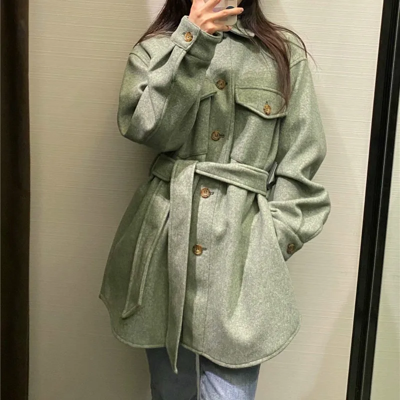 

TMODA346 Women Za Fashion with Belt Loose Woolen Jacket Coat Vintage Long Sleeve Side Pockets Female Outerwear Chic Overcoat