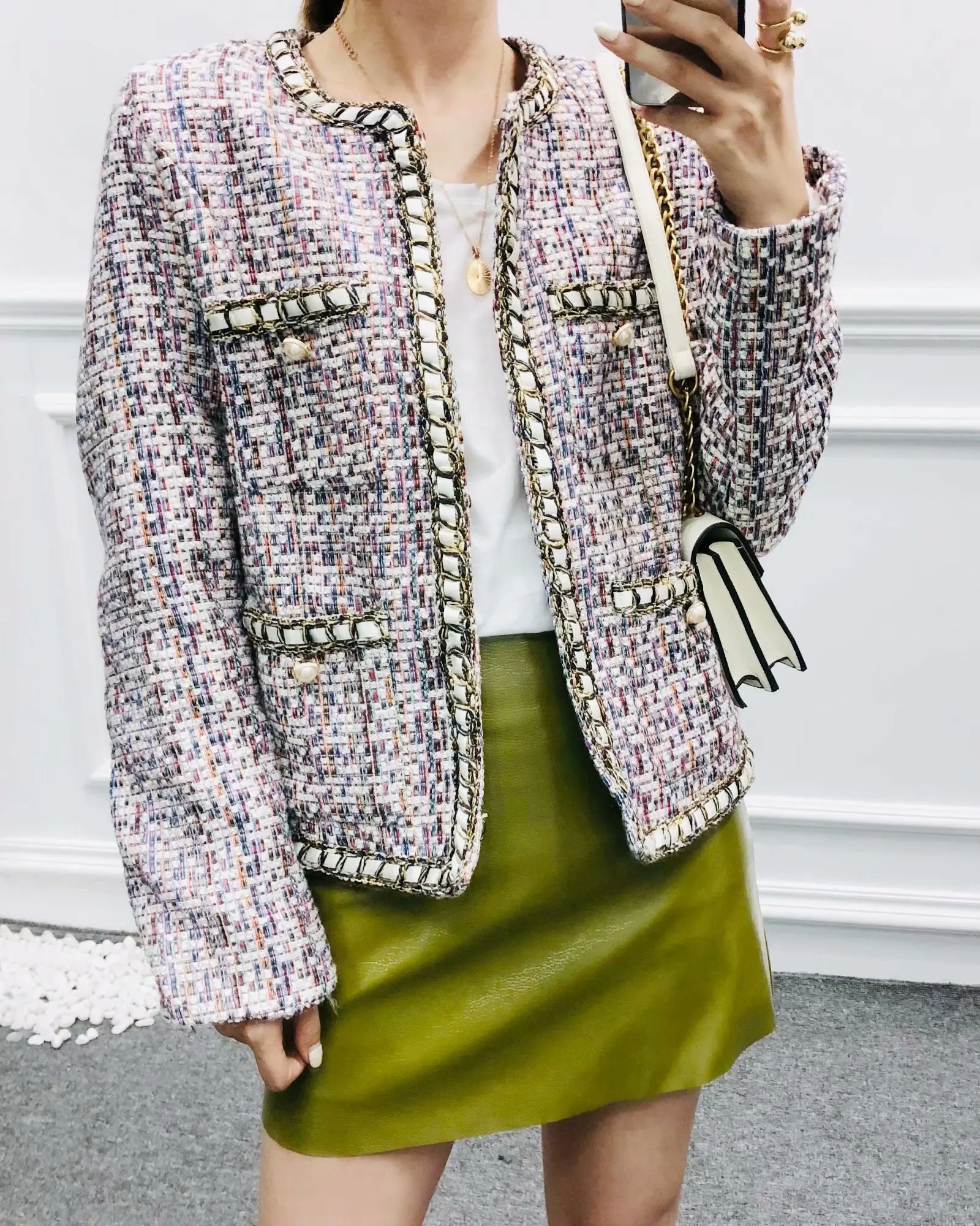 

Autumn Winter Tweed Coat 2021 Fashion Women's Small Fragrance Long Sleeve Wool Coat Vintage Cardigan Short Black woolen Jacket