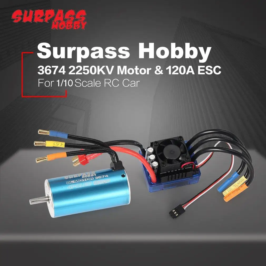 

Бессенсорный бесщеточный двигатель Surpass Hobby 3674 2250KV 4P и 120A бесщеточный ESC для радиоуправляемого автомобиля, лодки 1/8 1/10 RC