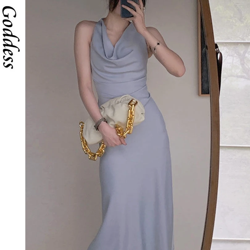 

2021 Summer Women Sleeveless Slim Vintage Dress Evening One Piece Dress Korean Hanging Neck Chic Design Elegant Midi Dresses
