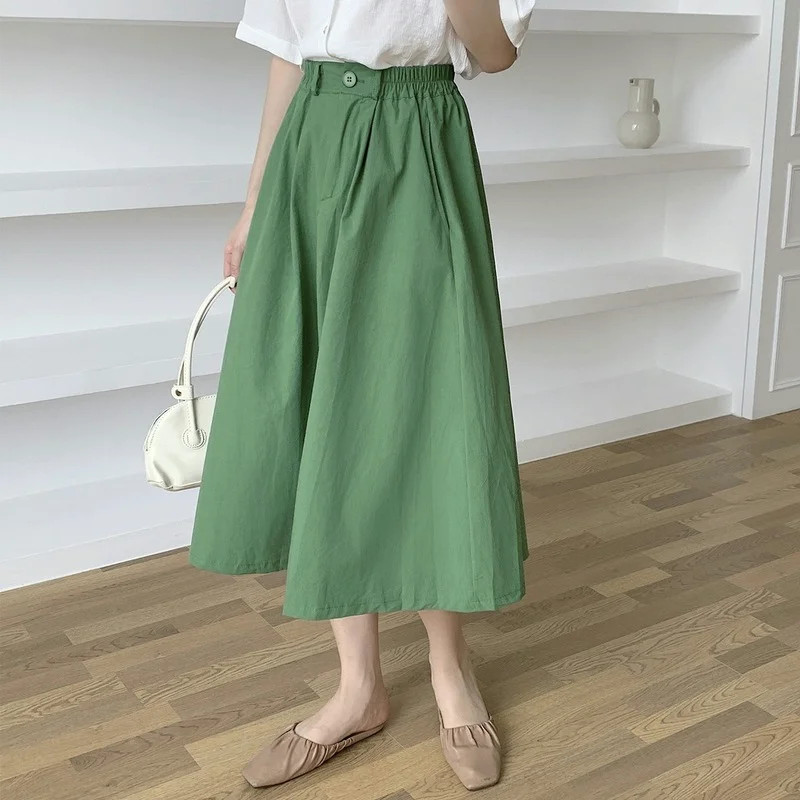 

4 Colors Solid Mid-Calf Skirt Women's Summer 2021 New High Waist A-line Long Green Umbrella Skirt
