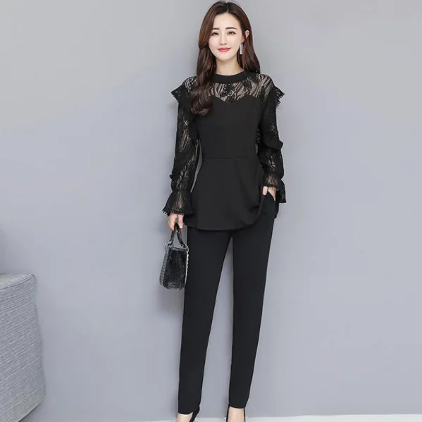 Женский комплект из двух предметов черный кружевной топ с расклешенным рукавом и
