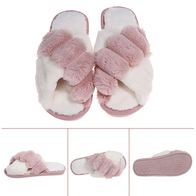 

Winter Women Slippers Mixed Color Faux Fur House Warm Shoes Woman Slip On Flat Female Slides Cozy Home Furry Slippers Flip Flops