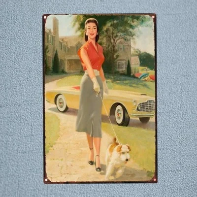 

vintage metal sign tin sign pin up girl Walk the dog home bar garden restaurant wall decor sign 12x8inch