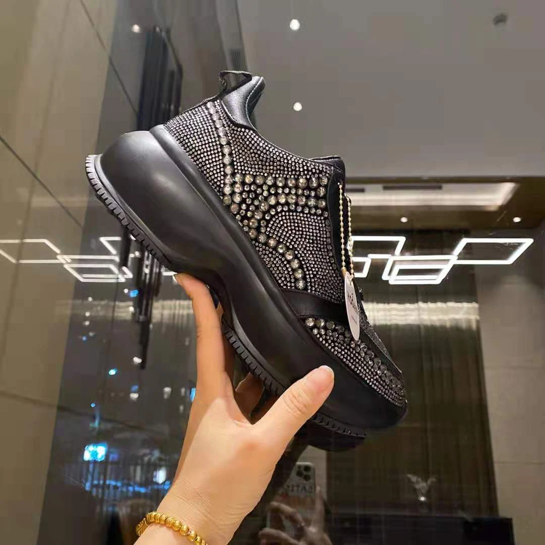 

Vallu 2021 spring and autumn new debut new style leather sports style high-end rhinestones thick bottom increased fashion women'