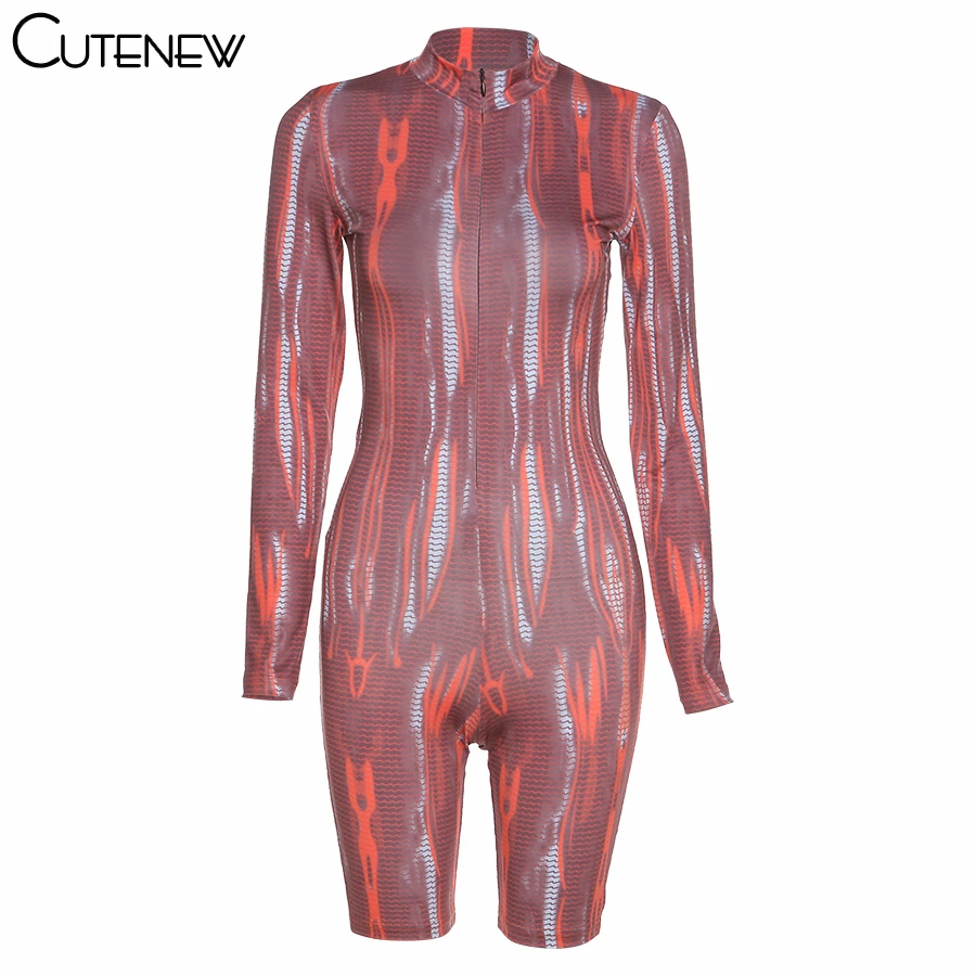 

Cutenew Serpentine Pattern Pannel Printed Zip Front Romper Women Playsuit Skinny Elastic Casual Streetwear Female Spring Outfits