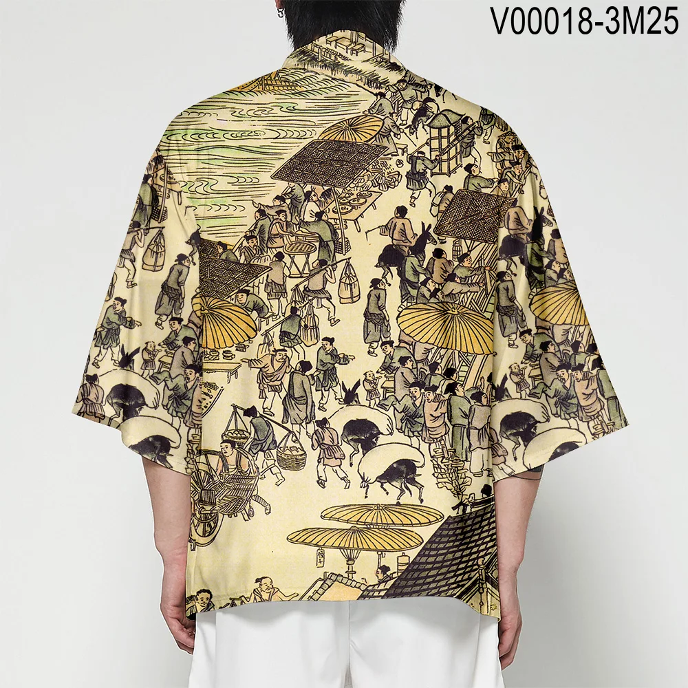 Японский рукав летучая мышь Haori Yukata кимоно летнее Кимоно Кардиган для мужчин Уличная 3D футболка кран суши костюм самурая кимоно - Цвет: V00018