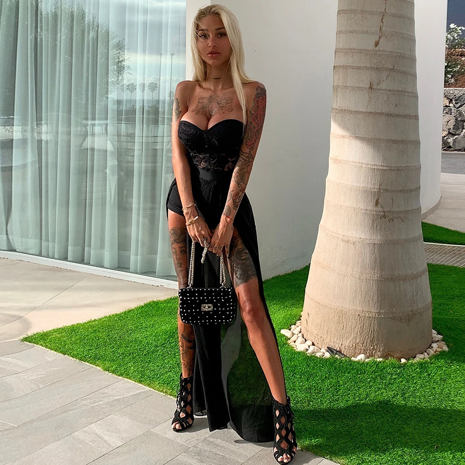 Женское шифоновое платье без бретелек Черное и белое Бандажное элегантное