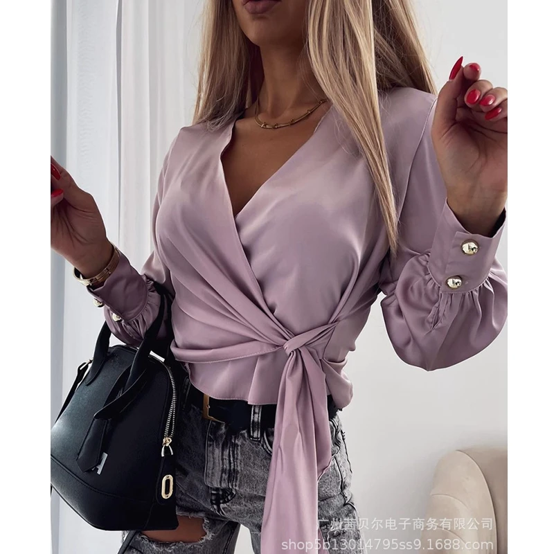 

WEPBEL T-shirt Women's Casual Solid Color Lace-up Slim T-shirt Spring and Autumn Fashion Lantern Sleeve V-neck T-shirt Top