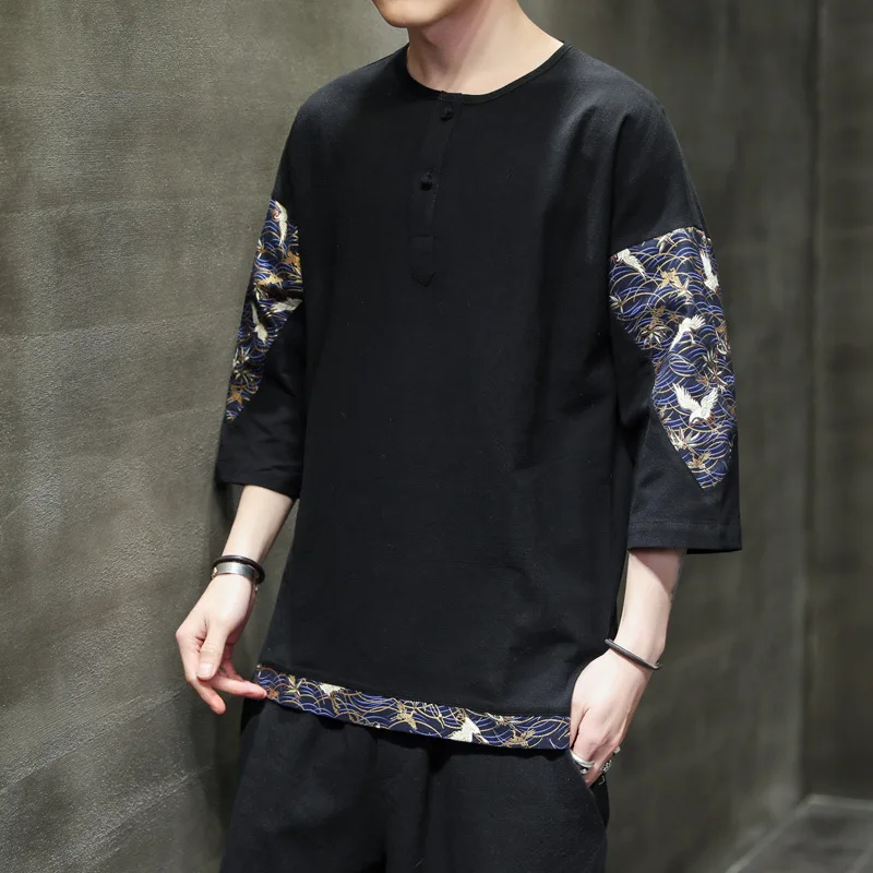 Мужская Летняя свободная футболка в китайском стиле с коротким рукавом |