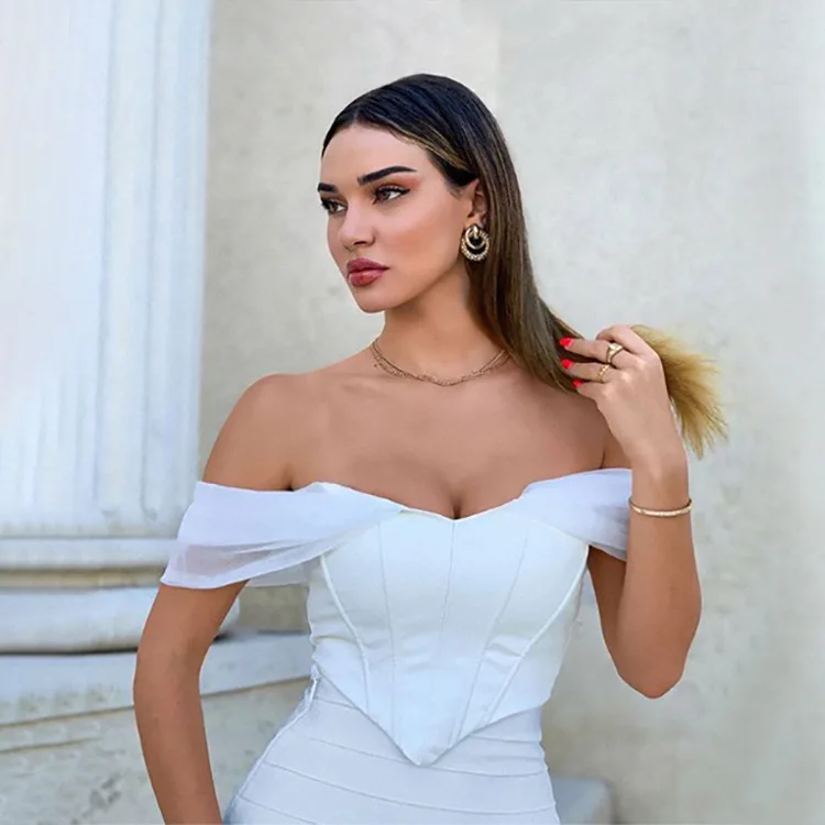 

Women Clothes Sexy PU Leather Bustier Corset Tanks Top Off Shoulder Chiffon Black White Strapless Female Cami Cropped Tops