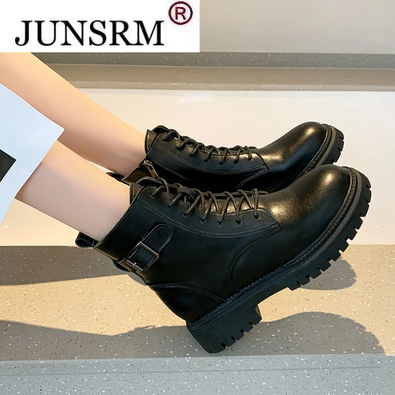 

Fashion Autumn Cow Leather Shoes Women Boots Lace Up Platform Motorcyle Boots Side Zipper Booties Female Ankle Boots Shoes Woman