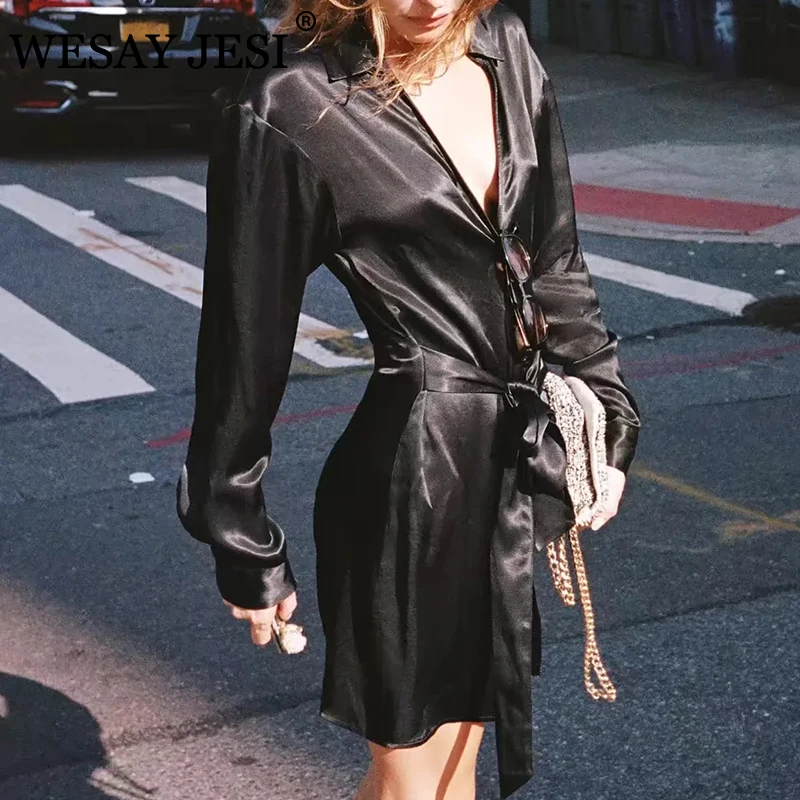 

WESAY JESI женское платье с длинным рукавом однобортные элегантные платья для женщин отложной воротник Женская офисная одежда