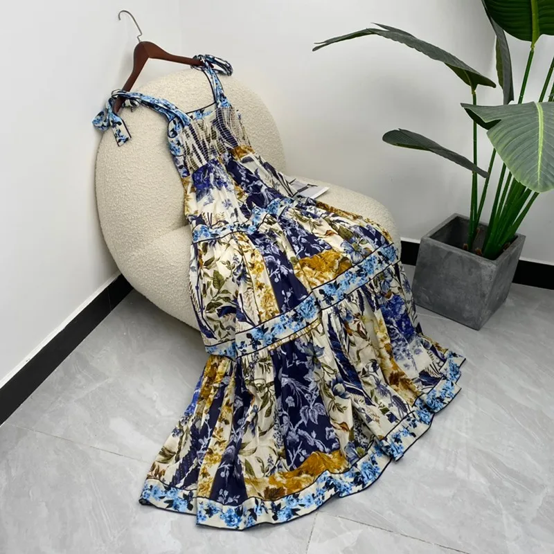 

2021 New Summer Women Fashion Blue And White Floral Print Spaghetti Strap High Quality Cotton Ankle Length Dresses