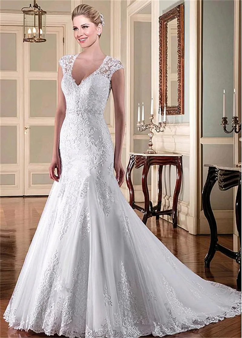 

Винтажная Русалка Кружева Аппликация Свадебное Платье Скромность тонкий Труба Длинные свадебные платья индивидуальные личные невесты сва...