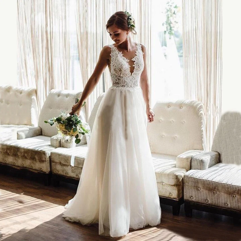 

Женское свадебное платье с V-образным вырезом, открытой спиной и бусинами