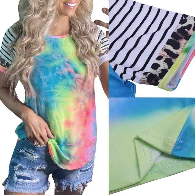 

Женская летняя повседневная футболка в полоску с коротким рукавом и принтом