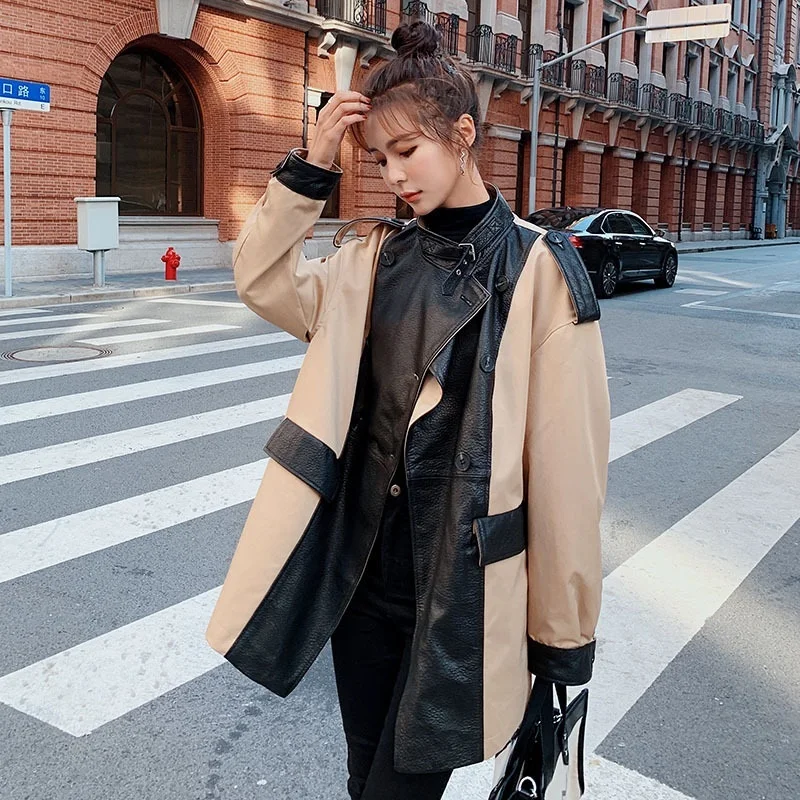 

Trendy Jacket Female 2021 Spring New Locomotive Style Fashion PU Leather Stitching Medium And Long Temperament Windbreaker
