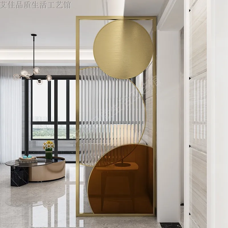 

GY Nordic Stainless Steel Art Glass Screen Light Luxury Style Partition Living Room Entrance Simple Hollow