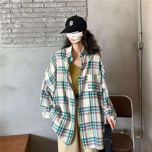 Plaid Simple Loose All Match Fashion Basic Turn Down Collar 2019 Winter Thin Female Women Long Sleeve Shirts |