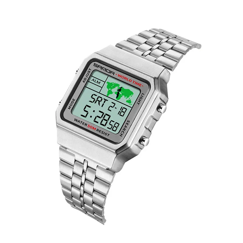 

Sanda new square outdoor sports hand lamp electronic watch world map men's Waterproof Digital Watch